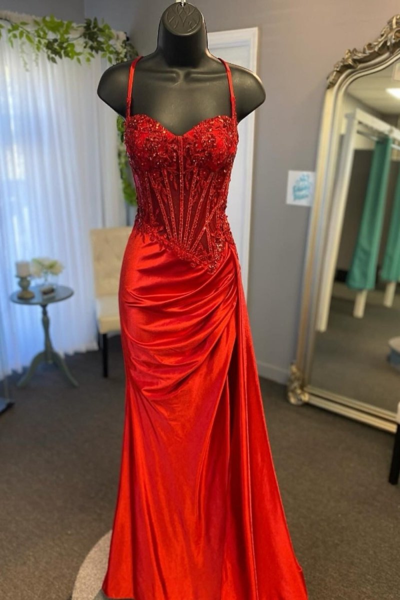 Spaghetti Strap Satin Mermaid Prom Dress - Image 12